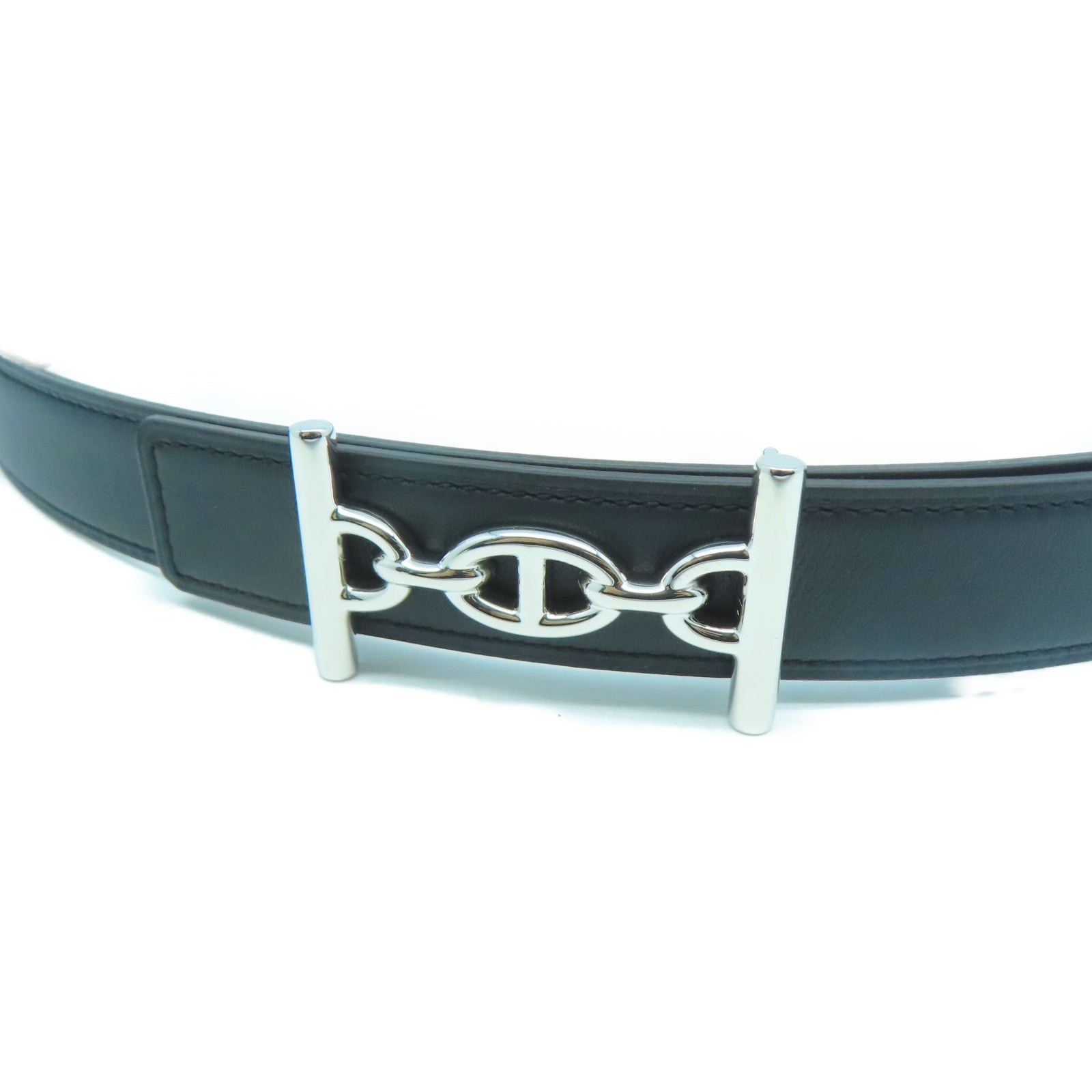 HERMES Epsom皮革Belt 90cm銀扣皮帶黑色/卡其色