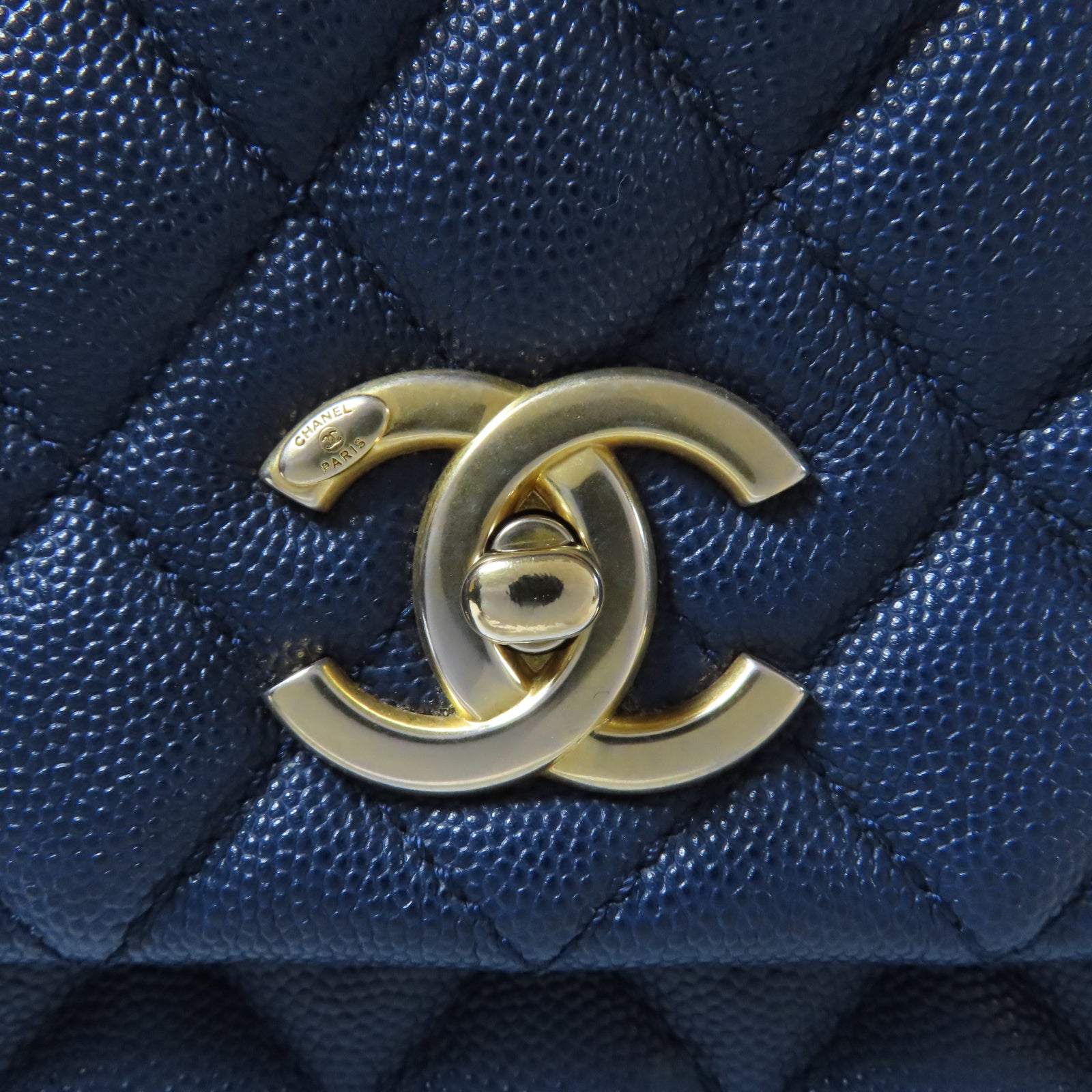 CHANEL 菱格Caviar皮革/蜥蝪皮革Chain Shoulder金扣鏈帶手挽肩背兩用袋藍色