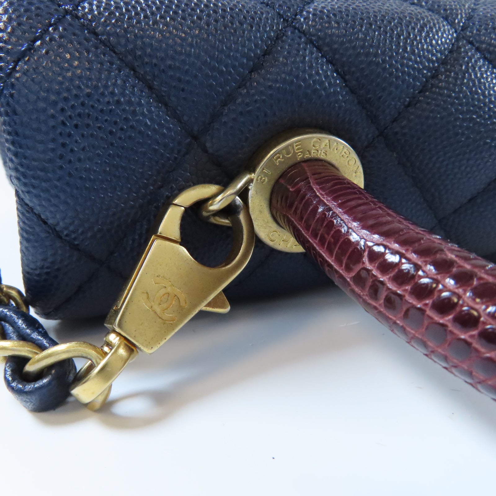 CHANEL 菱格Caviar皮革/蜥蝪皮革Chain Shoulder金扣鏈帶手挽肩背兩用袋藍色
