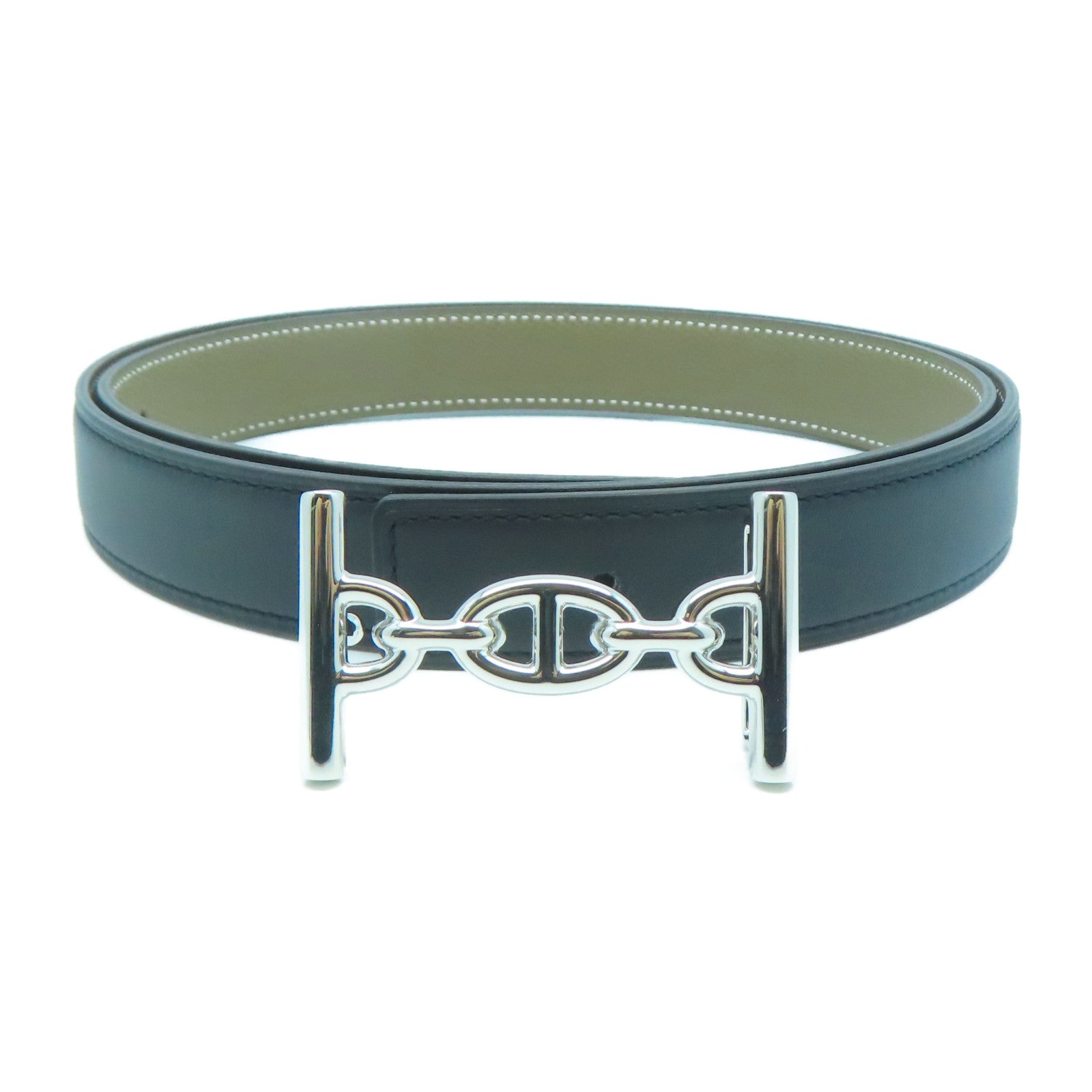 HERMES Epsom皮革Belt 90cm銀扣皮帶黑色/卡其色