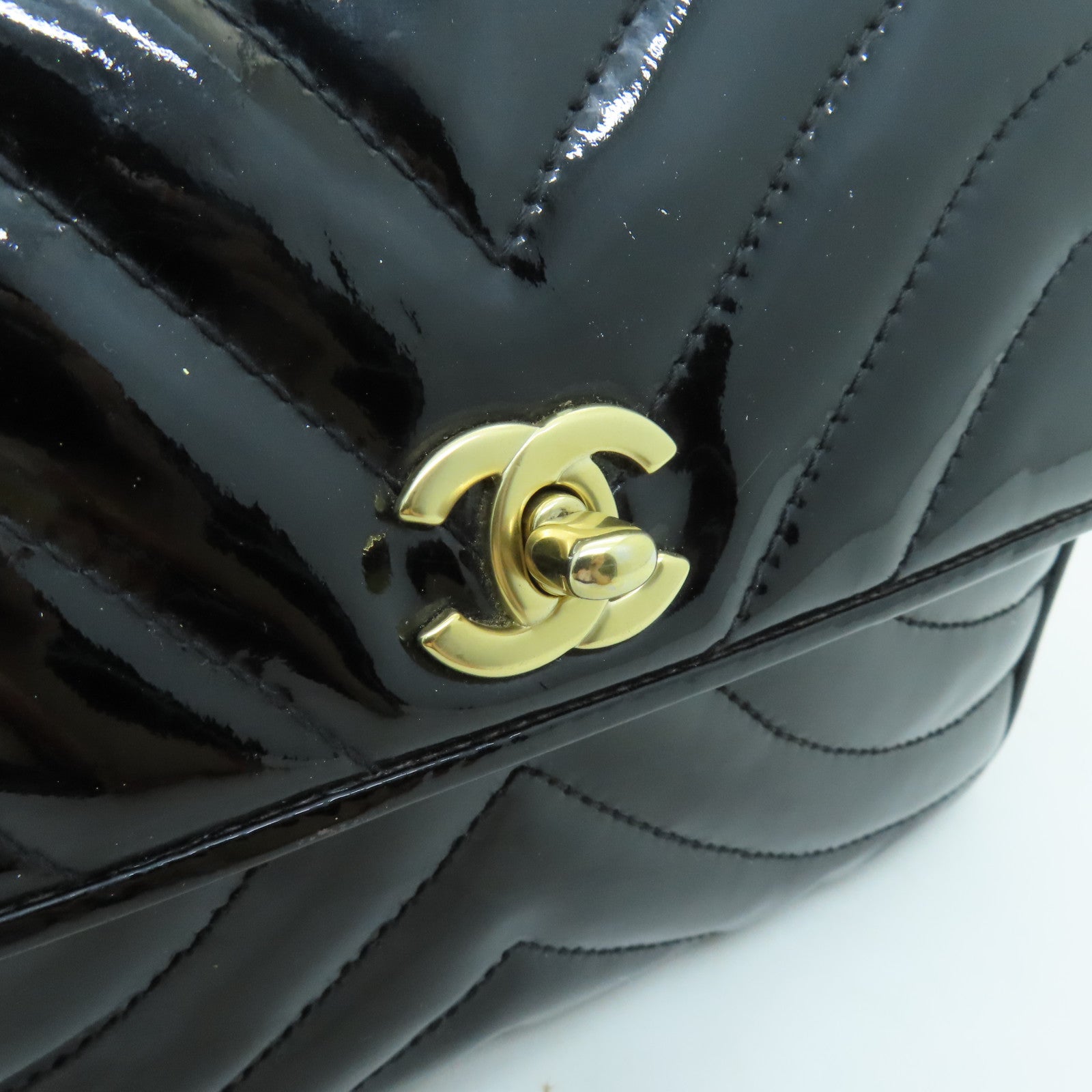 CHANEL 斜紋漆皮皮革Chain Shoulder Bag金扣鏈帶肩背袋黑色