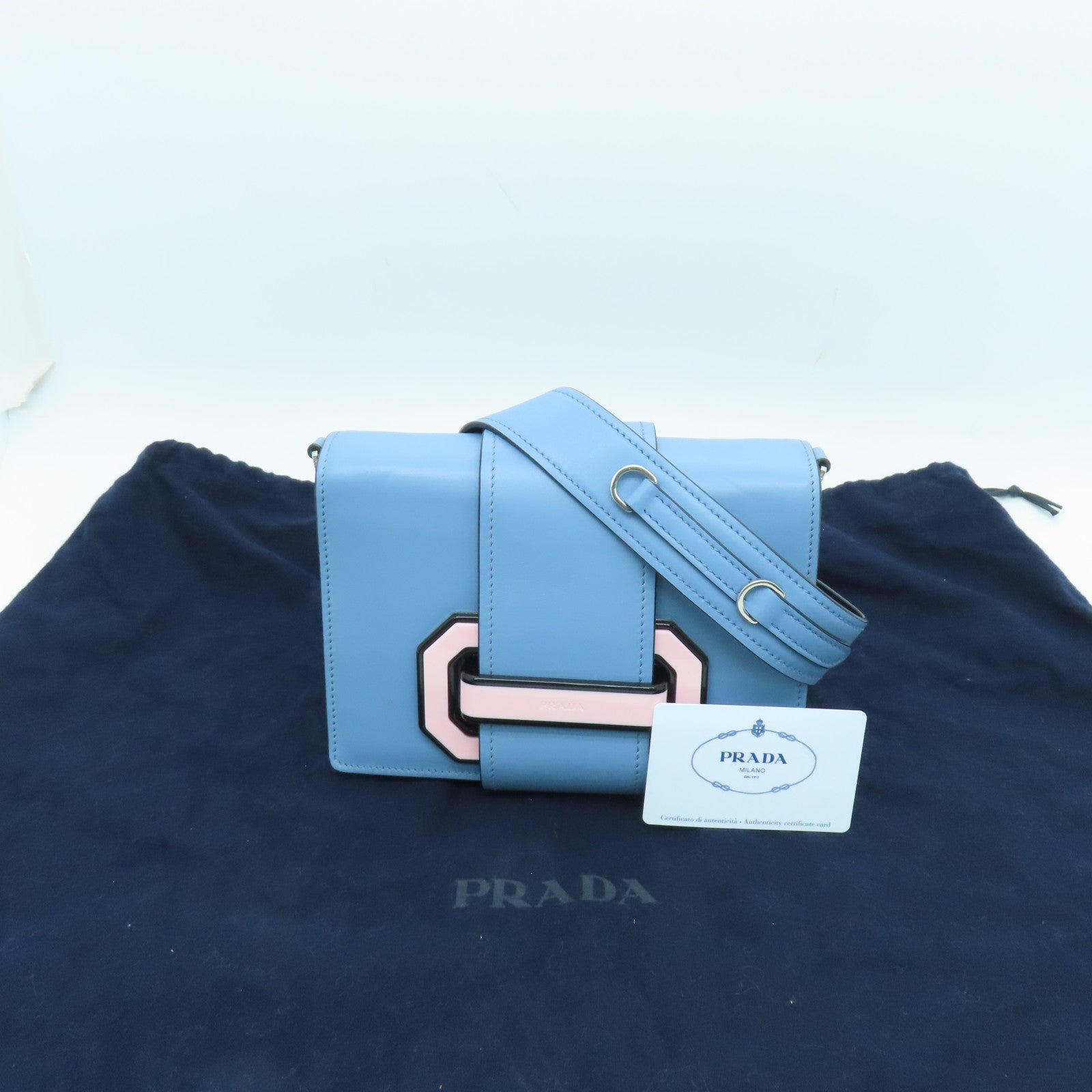 PRADA 【激減優惠】牛皮皮革Shoulder Bag銀扣肩背袋藍色