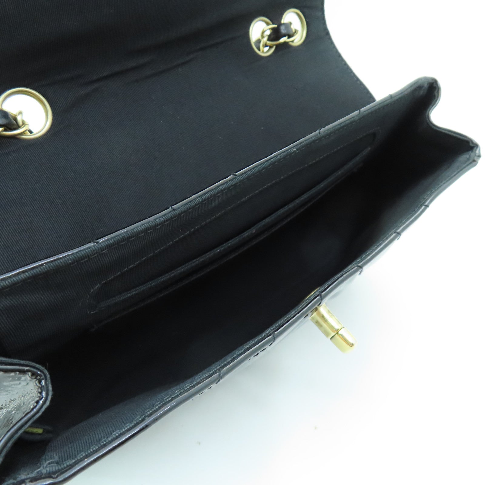 CHANEL 斜紋漆皮皮革Chain Shoulder Bag金扣鏈帶肩背袋黑色