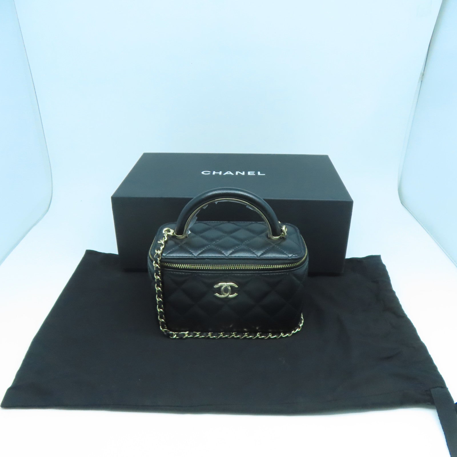 CHANEL 羊皮皮革Handle Vanity Case金扣手挽肩背兩用袋黑色