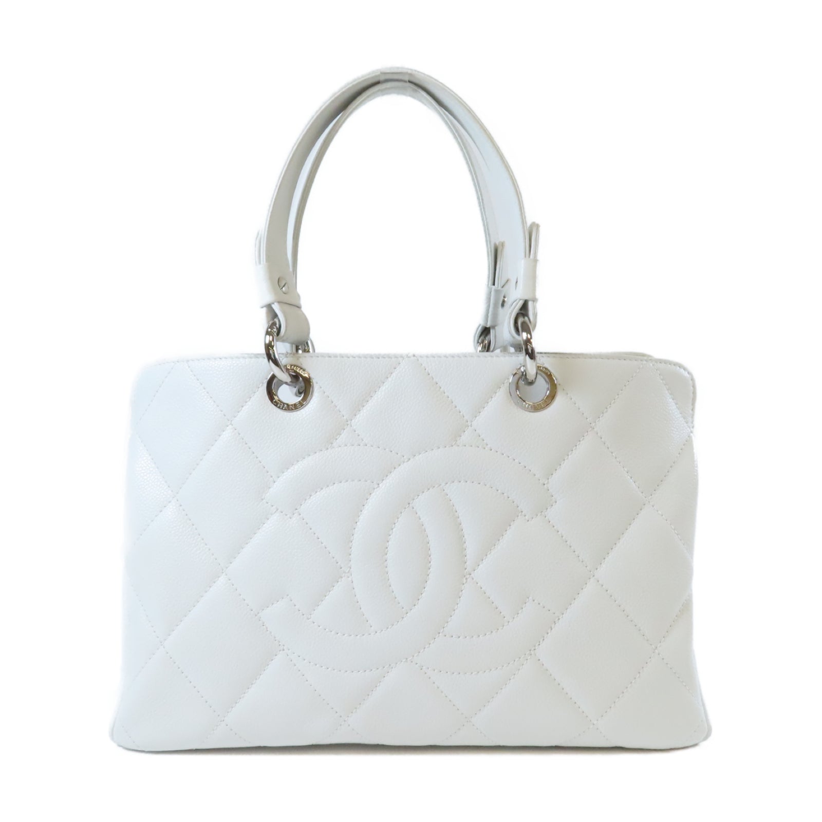 CHANEL 菱格Caviar皮革Chain Shoulder銀扣手挽袋白色