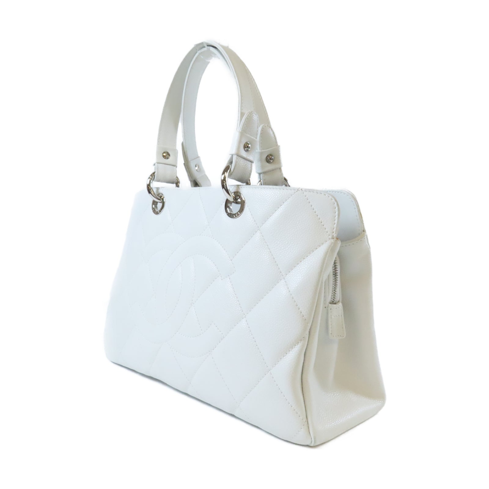 CHANEL 菱格Caviar皮革Chain Shoulder銀扣手挽袋白色