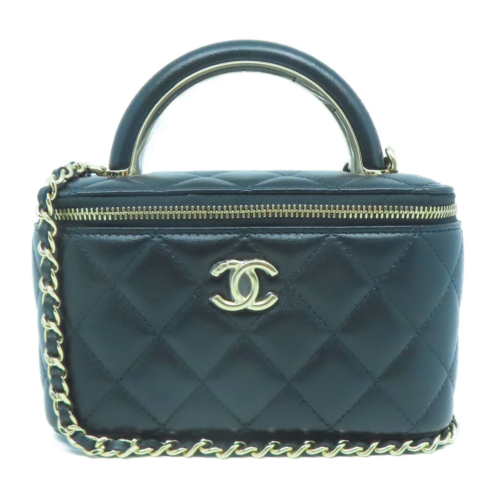 CHANEL 羊皮皮革Handle Vanity Case金扣手挽肩背兩用袋黑色