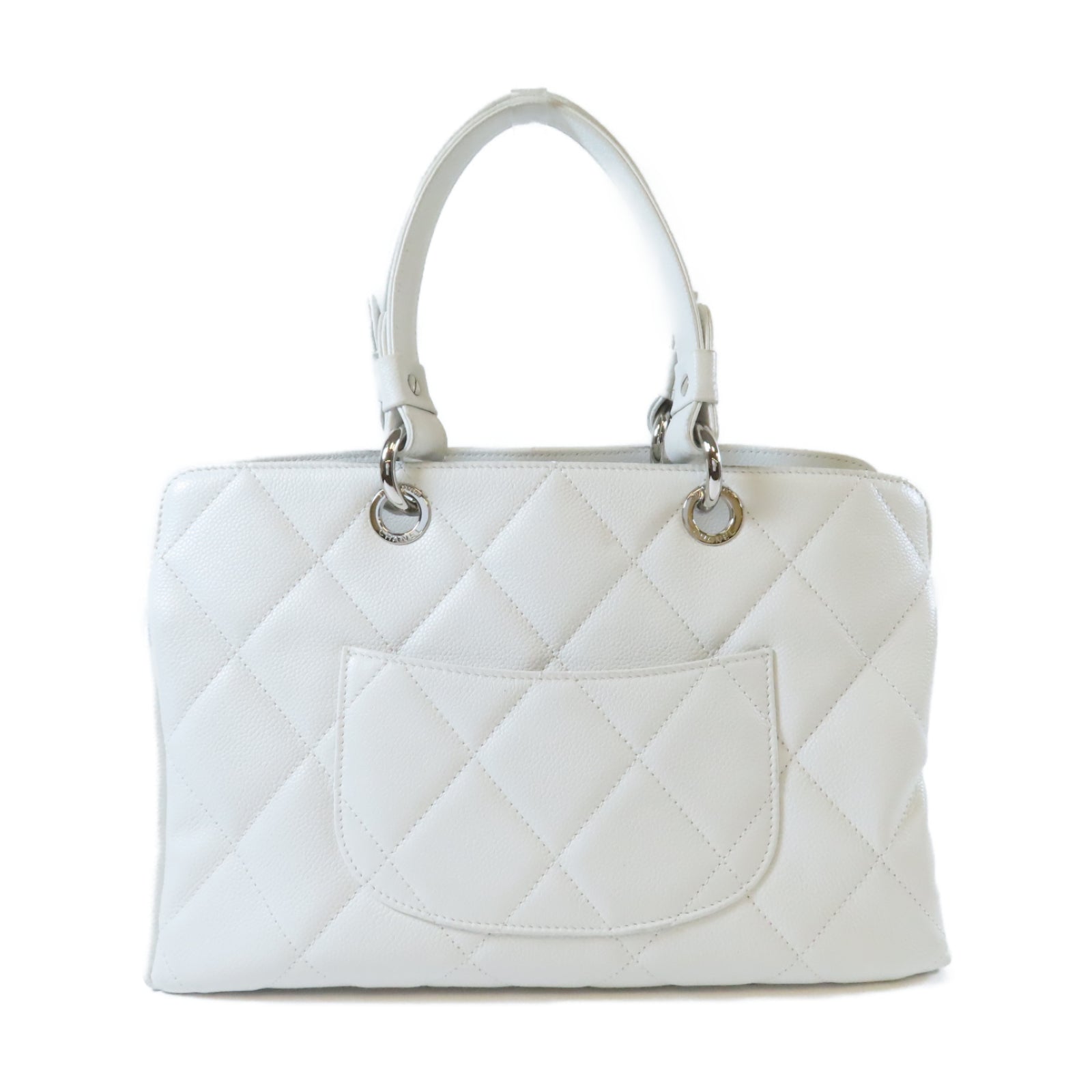CHANEL 菱格Caviar皮革Chain Shoulder銀扣手挽袋白色