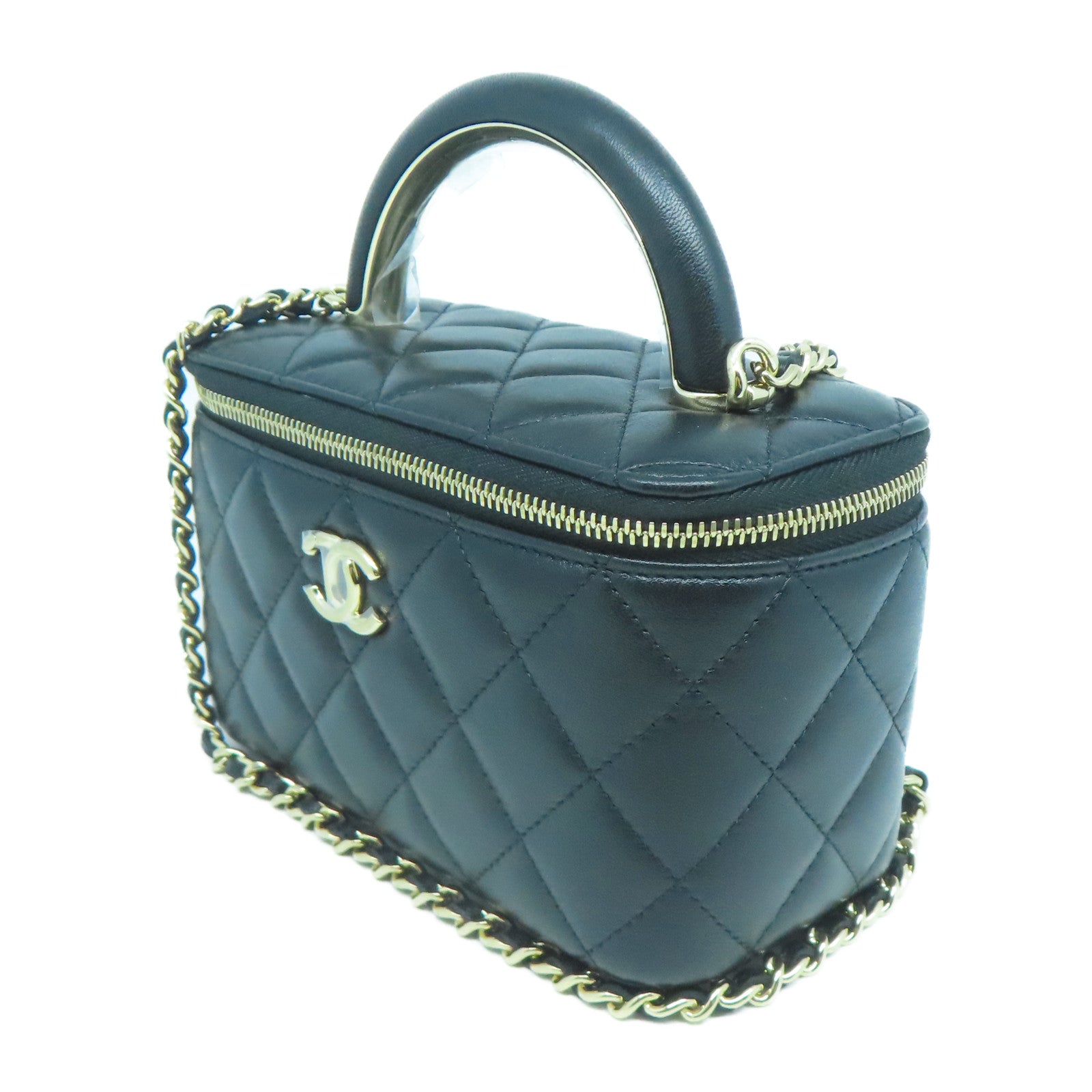 CHANEL 羊皮皮革Handle Vanity Case金扣手挽肩背兩用袋黑色