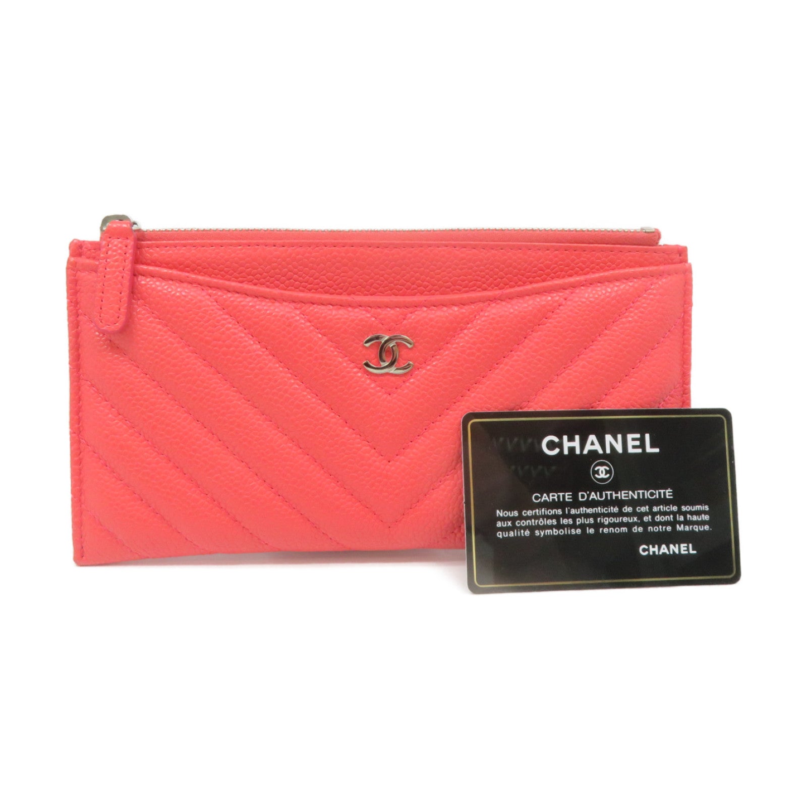 CHANEL 【激减优惠】菱格Caviar皮革银扣Long Wallet长钱包橙粉色