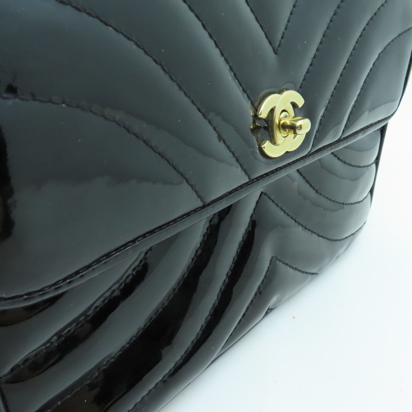 CHANEL 斜紋漆皮皮革Chain Shoulder Bag金扣鏈帶肩背袋黑色
