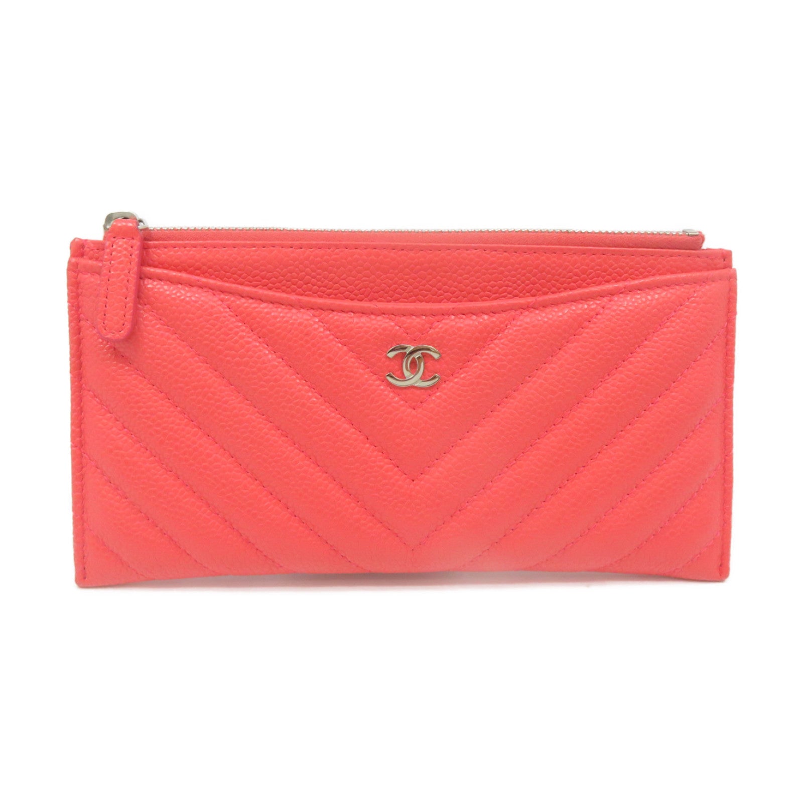 CHANEL 【激减优惠】菱格Caviar皮革银扣Long Wallet长钱包橙粉色