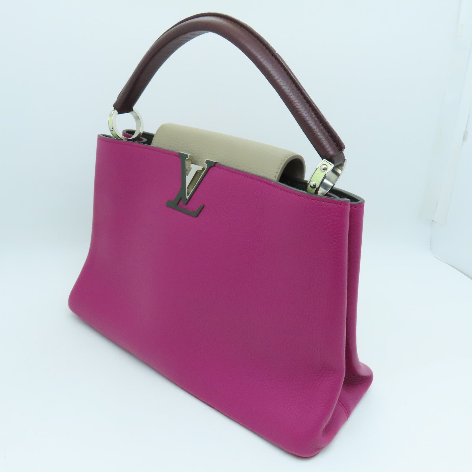 LOUIS VUITTON 牛皮皮革Capucines MM銀扣肩背袋粉紅色/卡其色/綠色