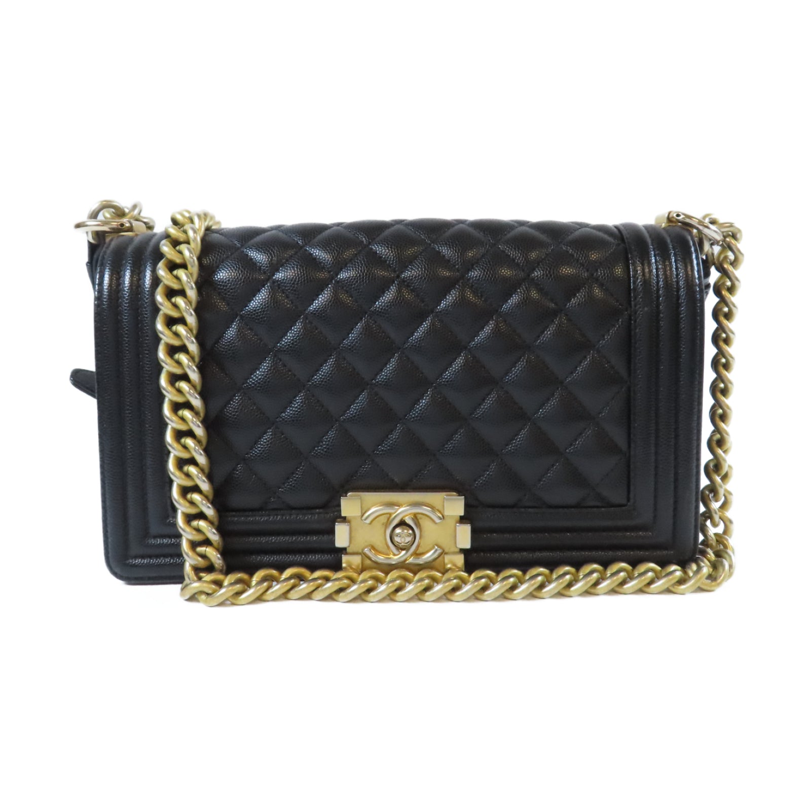CHANEL 菱格Caviar皮革Boy Chanel金扣鏈帶肩背袋黑色
