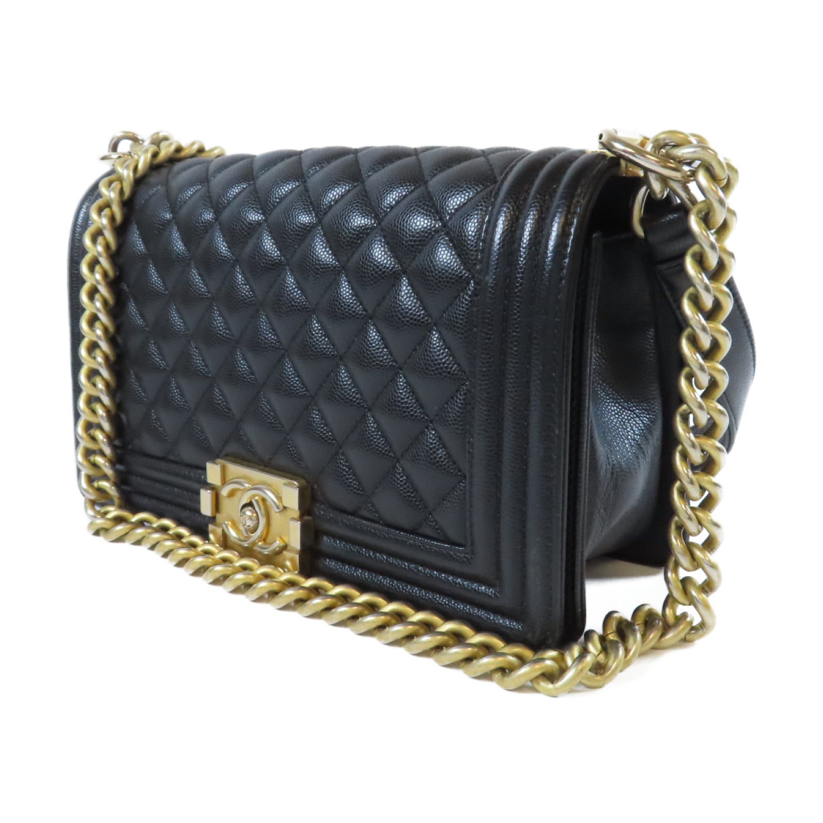 CHANEL 菱格Caviar皮革Boy Chanel金扣鏈帶肩背袋黑色