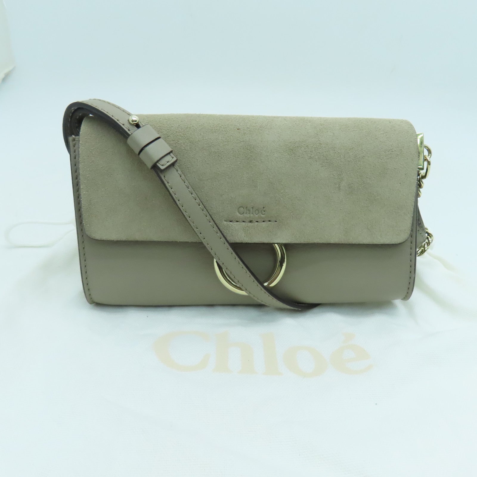Chloe 【激減優惠】牛皮皮革Faye Wallet On Strap金扣肩背袋灰色