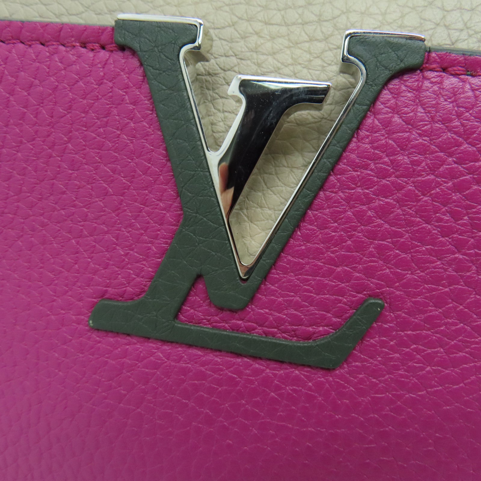 LOUIS VUITTON 牛皮皮革Capucines MM銀扣肩背袋粉紅色/卡其色/綠色