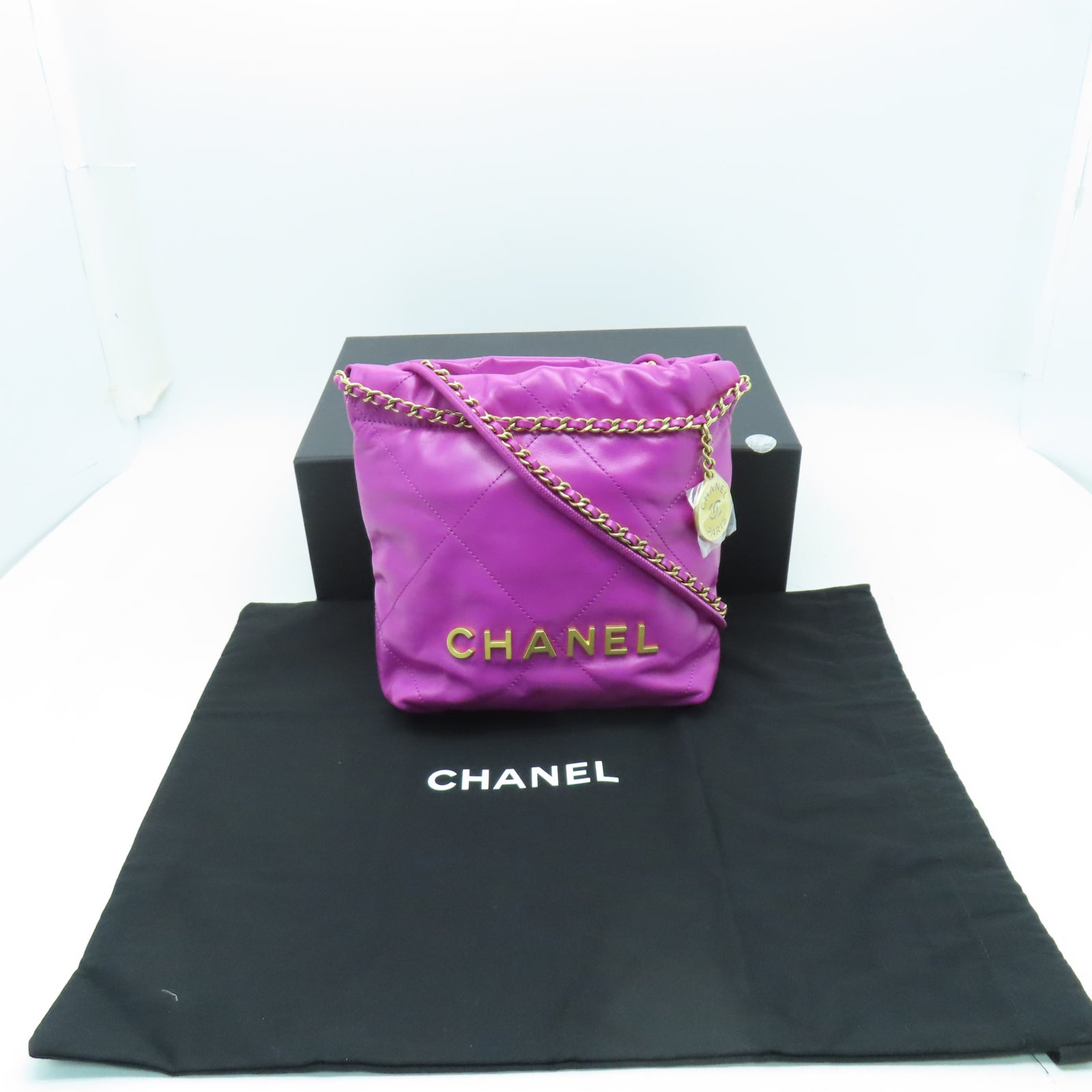 CHANEL 菱格牛皮皮革Mini Bag Chanel 22金扣鏈帶手挽肩背兩用袋紫色