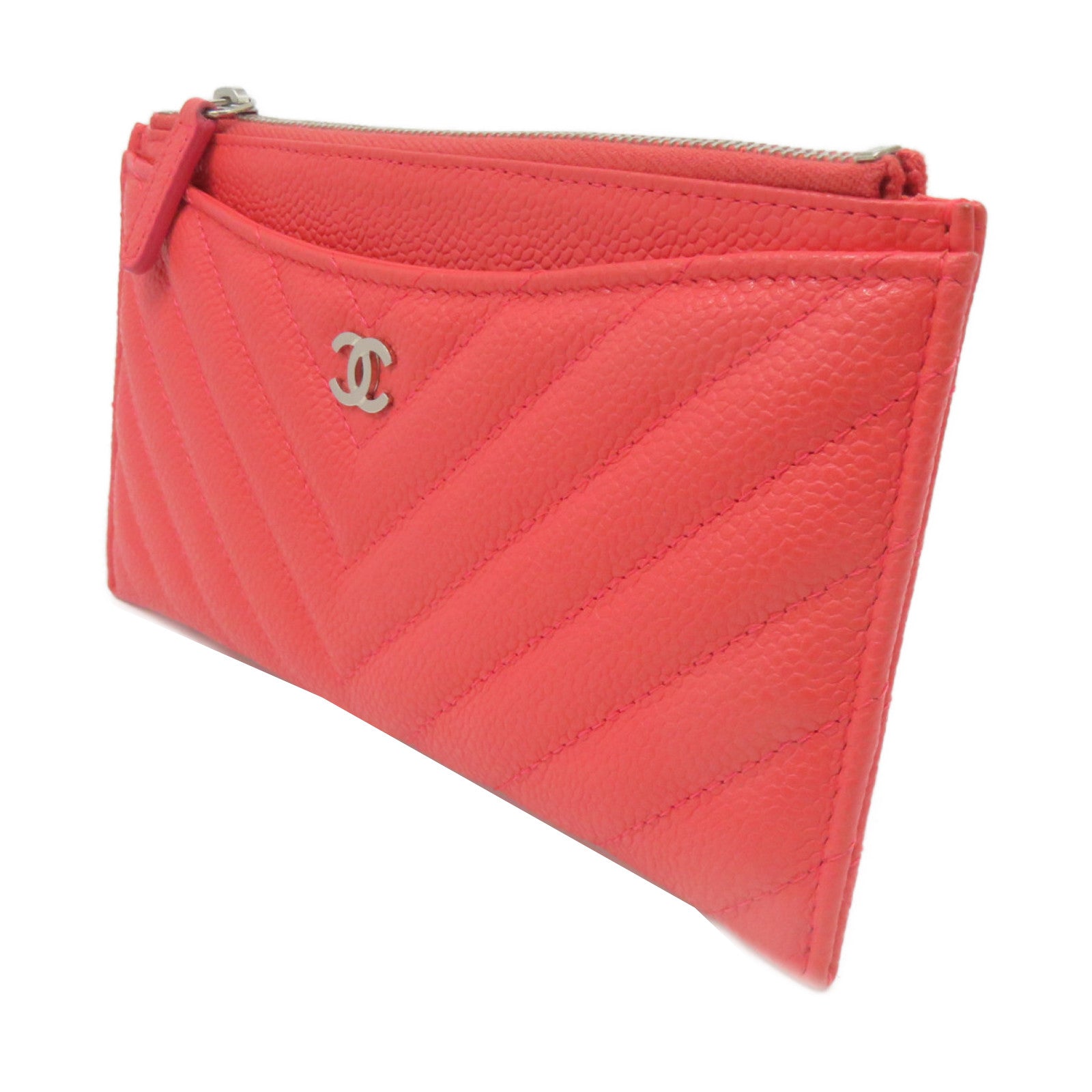 CHANEL 【激减优惠】菱格Caviar皮革银扣Long Wallet长钱包橙粉色