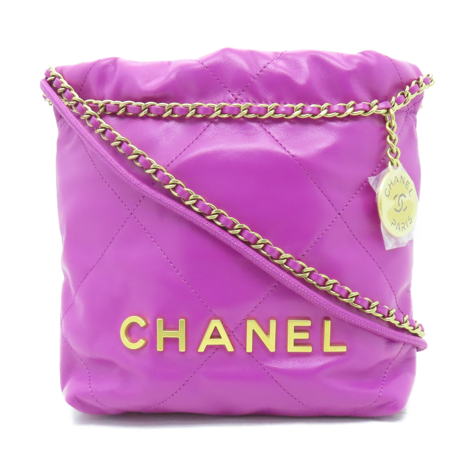 CHANEL 菱格牛皮皮革Mini Bag Chanel 22金扣鏈帶手挽肩背兩用袋紫色