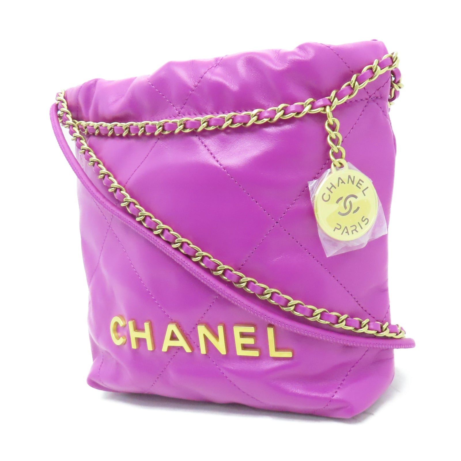 CHANEL 菱格牛皮皮革Mini Bag Chanel 22金扣鏈帶手挽肩背兩用袋紫色