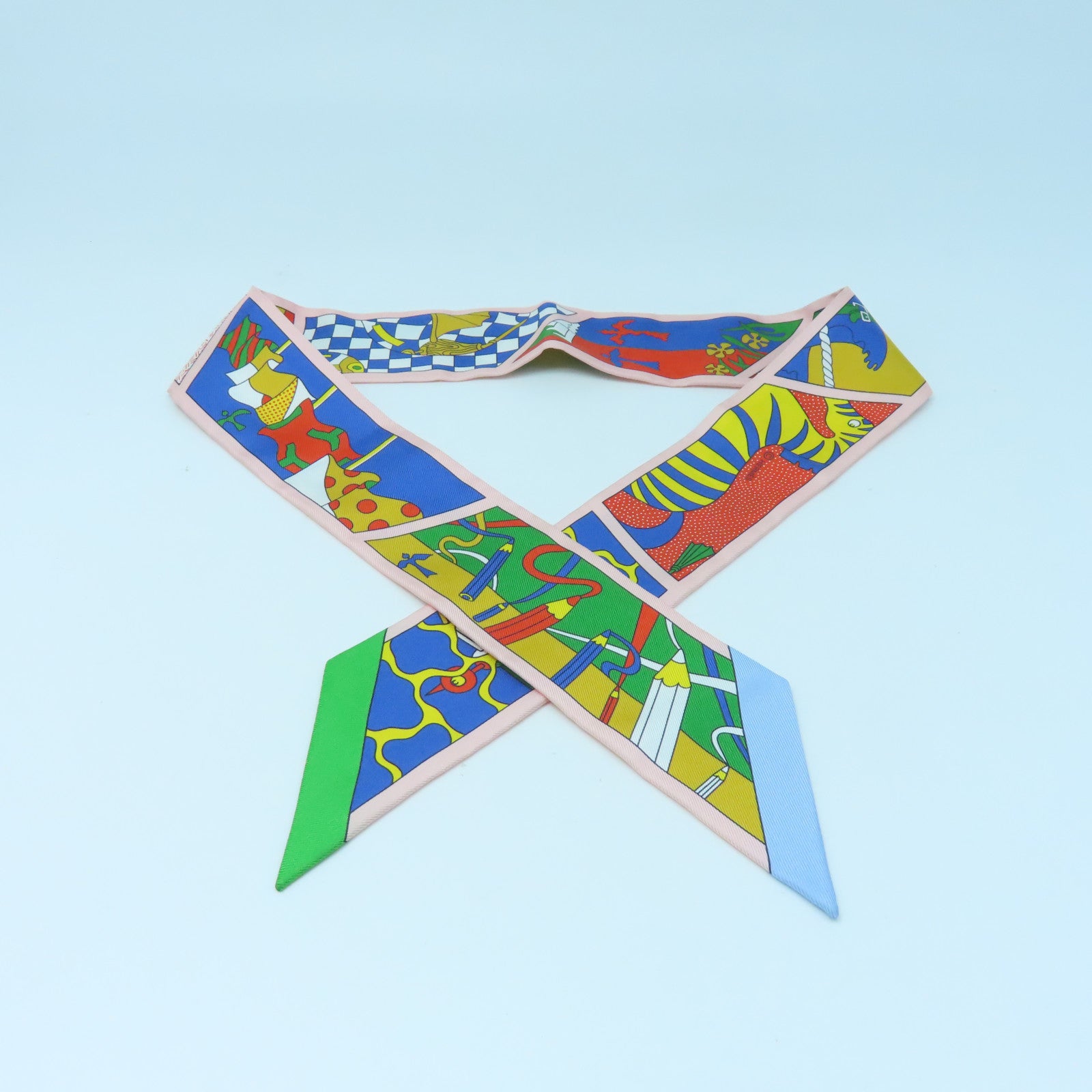 HERMES 絲質Twilly絲巾粉紅色/彩色