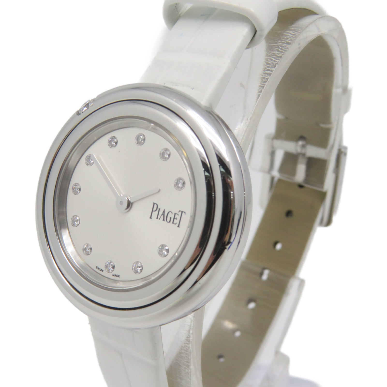 PIAGET Possession Ladies Watch鱷魚皮革/不鏽鋼石英機芯銀灰色/白色