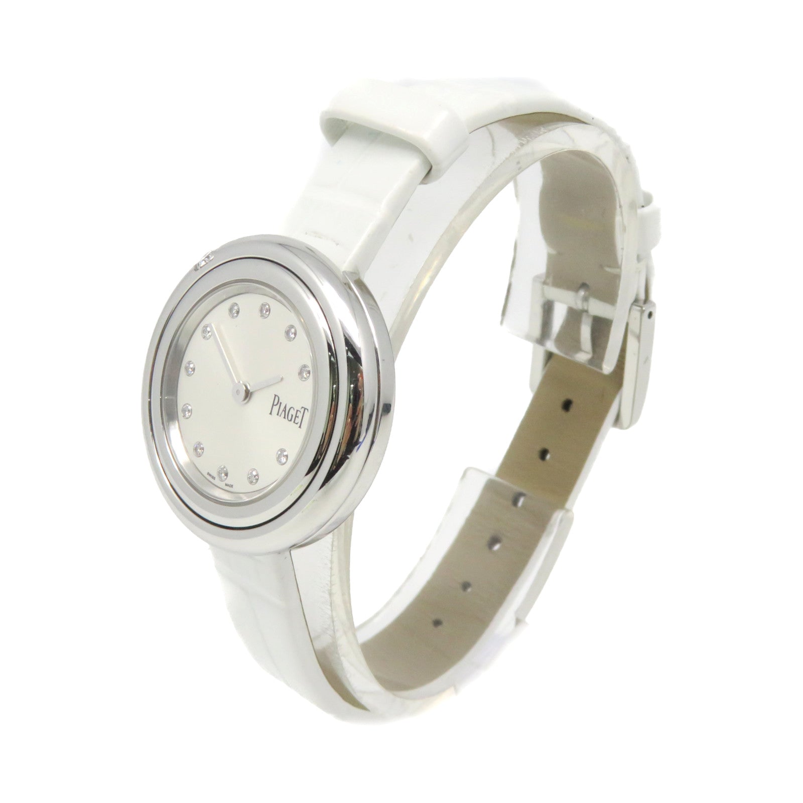 PIAGET Possession Ladies Watch鱷魚皮革/不鏽鋼石英機芯銀灰色/白色