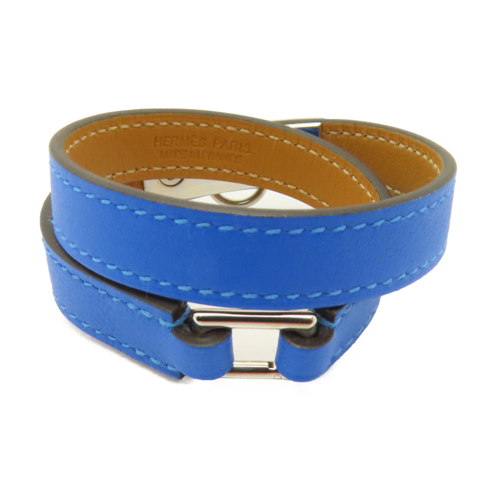 HERMES Swift皮革Rivale Double Tour銀扣手鐲藍色