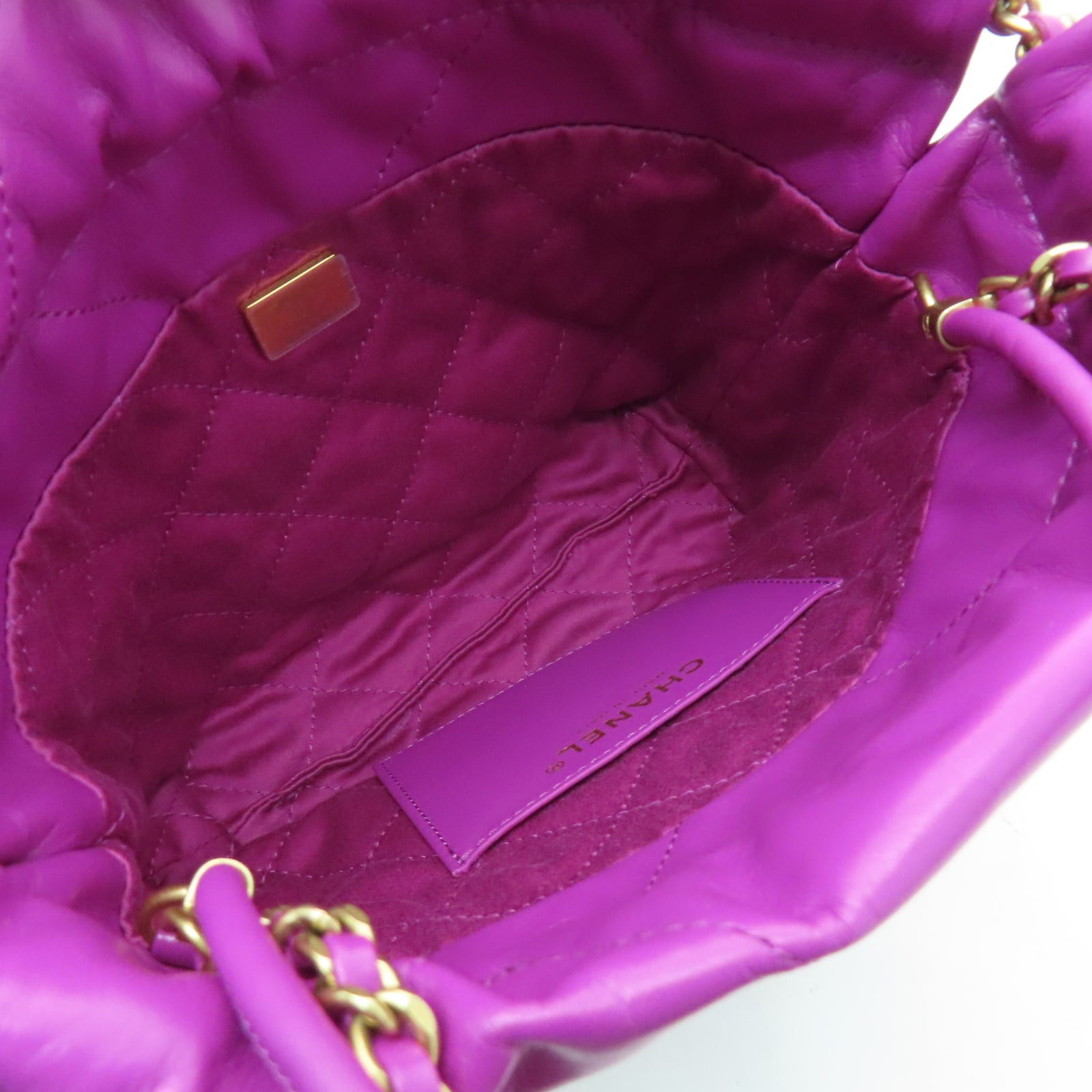CHANEL 菱格牛皮皮革Mini Bag Chanel 22金扣鏈帶手挽肩背兩用袋紫色