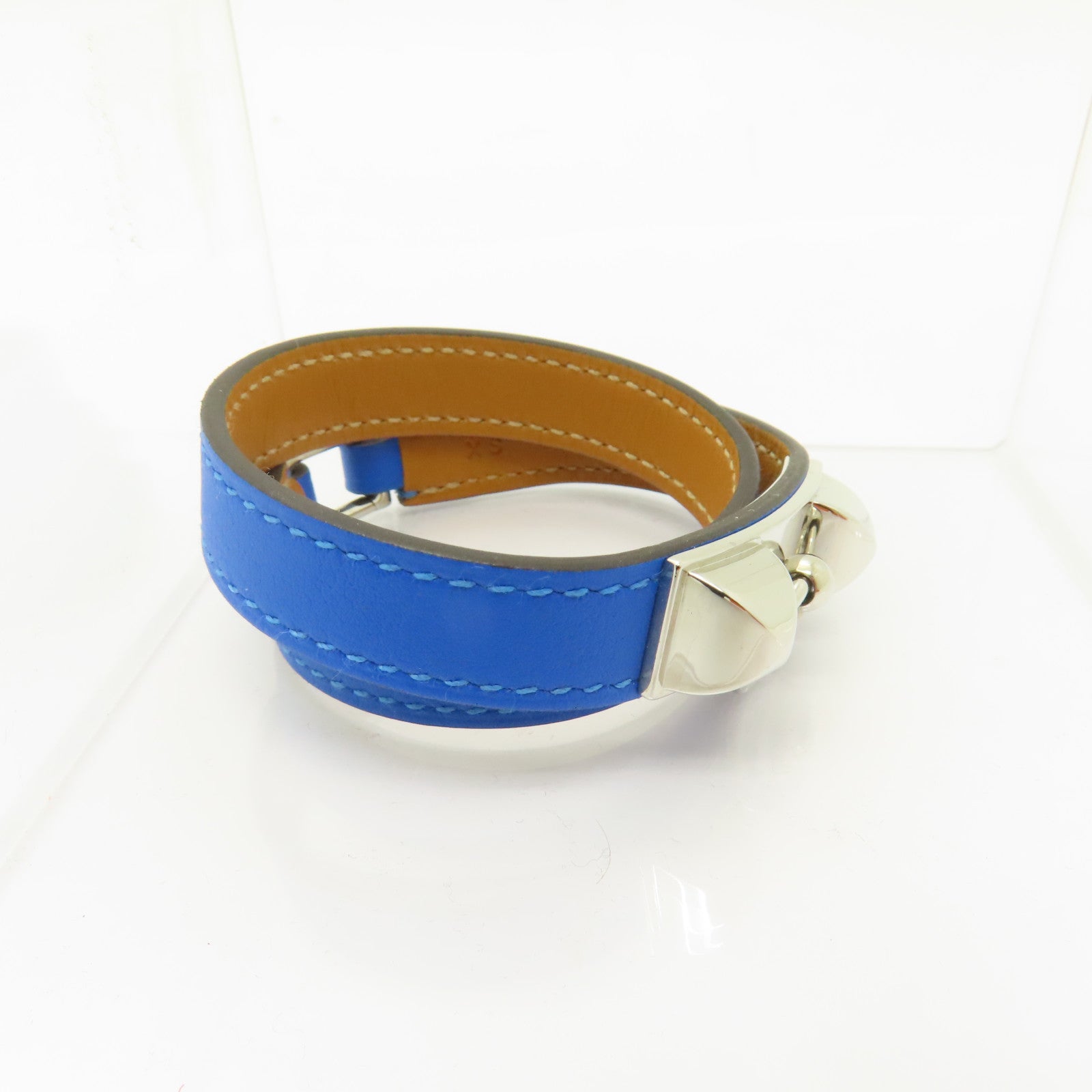 HERMES Swift皮革Rivale Double Tour銀扣手鐲藍色