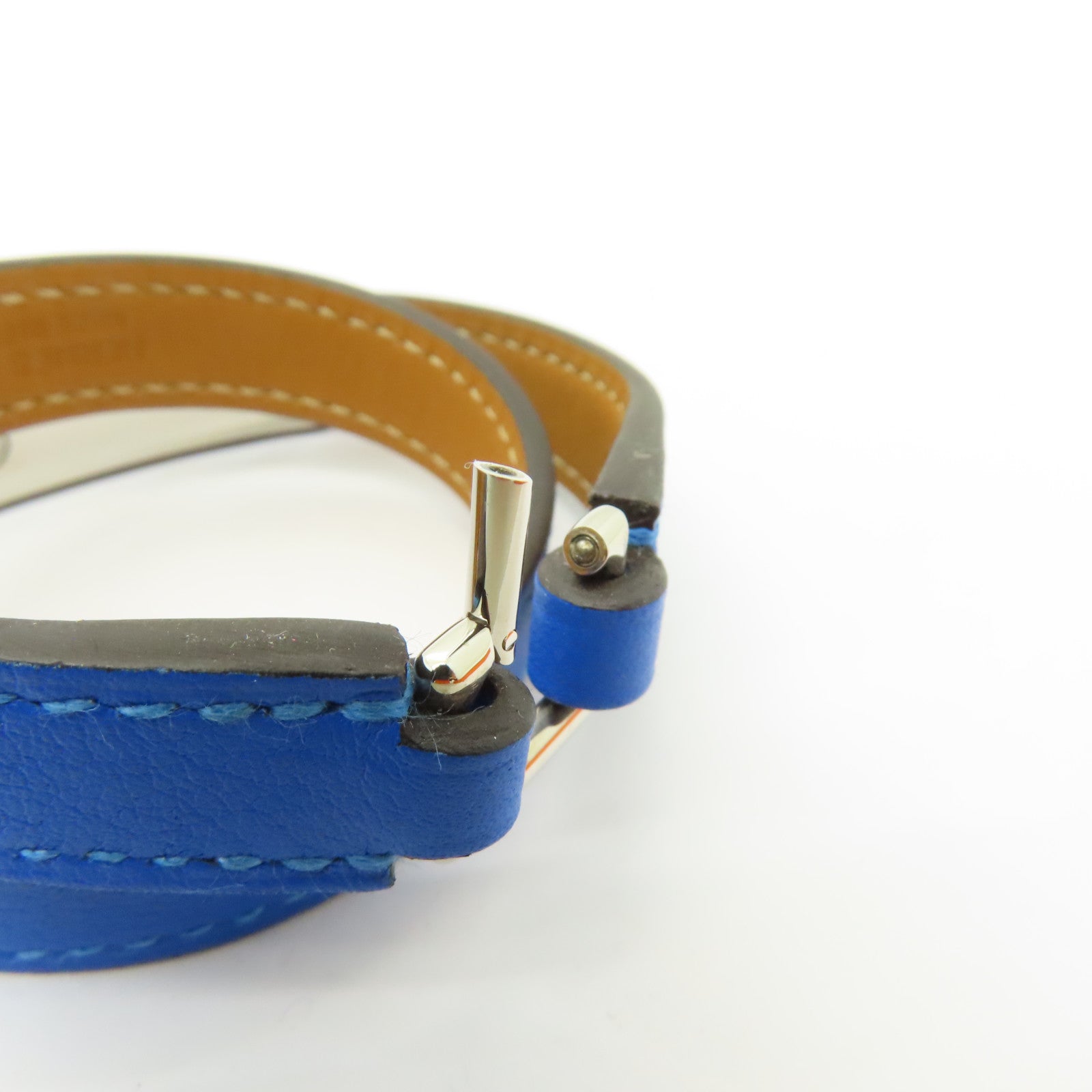 HERMES Swift皮革Rivale Double Tour銀扣手鐲藍色