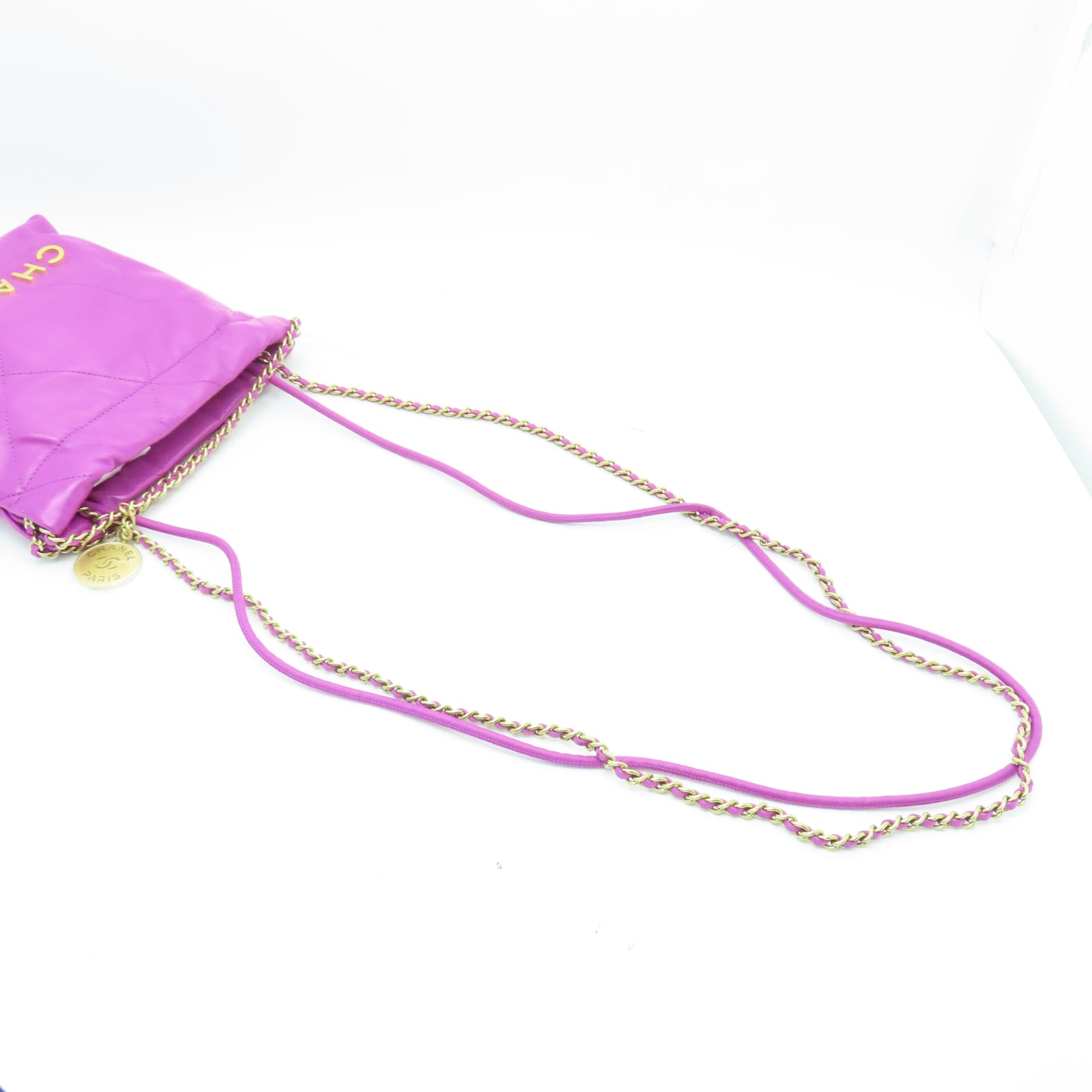 CHANEL 菱格牛皮皮革Mini Bag Chanel 22金扣鏈帶手挽肩背兩用袋紫色