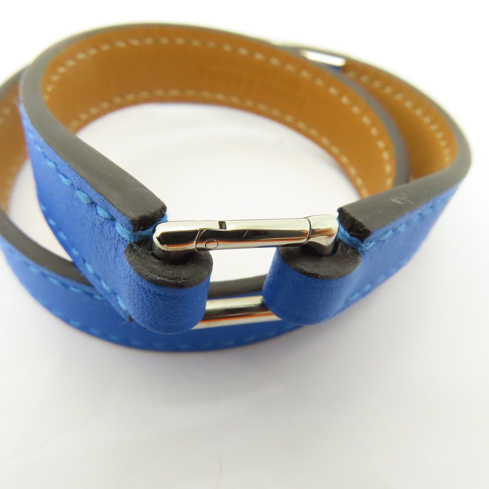 HERMES Swift皮革Rivale Double Tour銀扣手鐲藍色