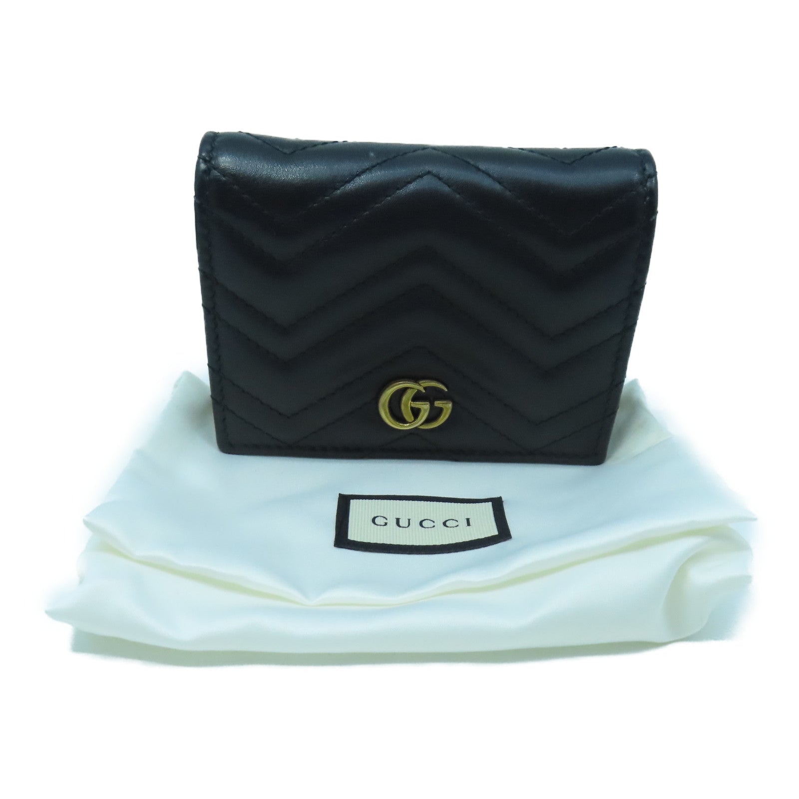 GUCCI twill cowhide leather W Snap Wallet gold buckle wallet black
