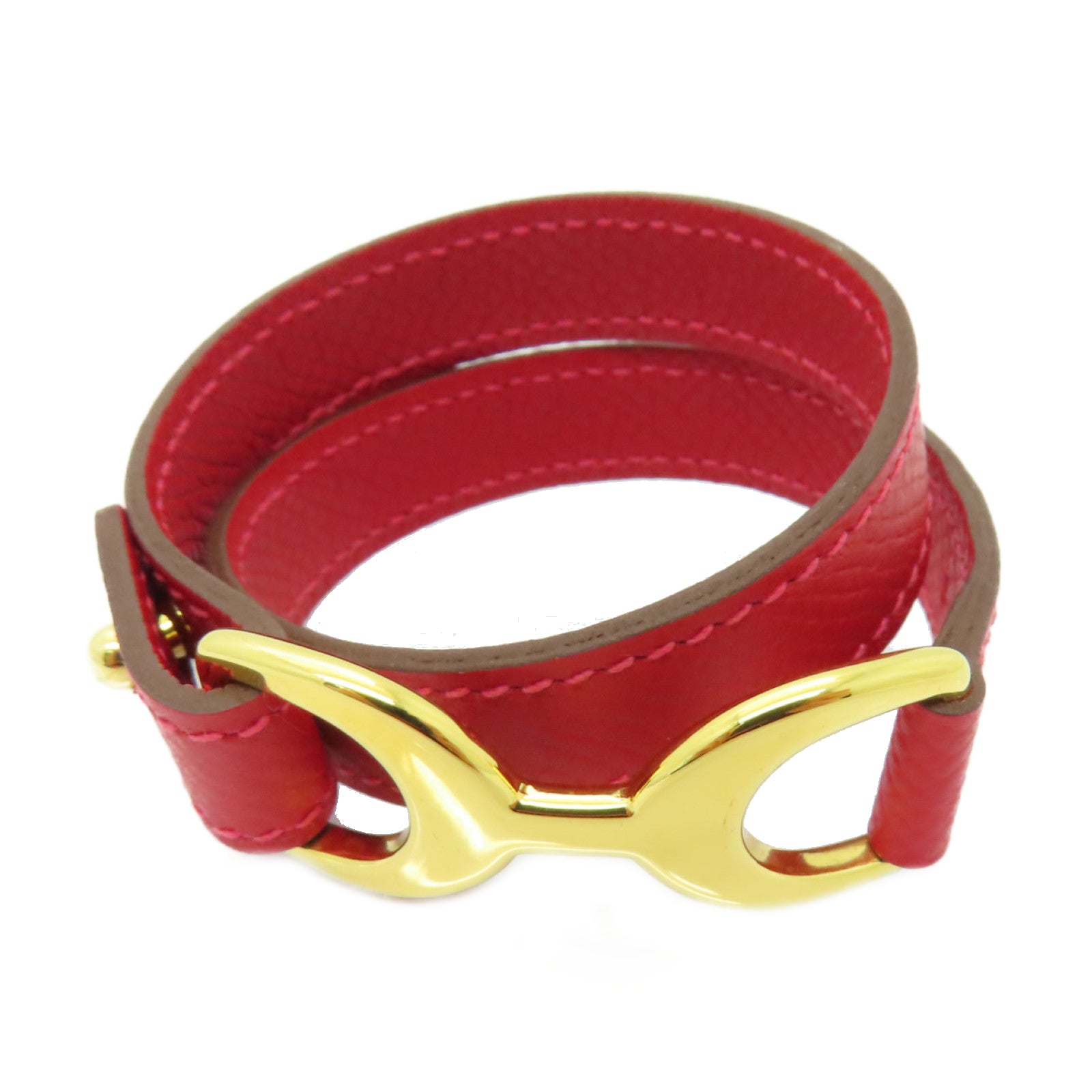 HERMES Epsom皮革Pvane Double Tour金扣手鐲紅色