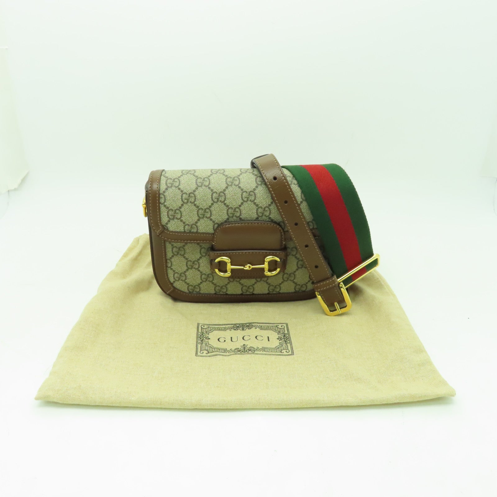 GUCCI 塗層帆布Horsebit 1955 Mini金扣肩背袋啡色