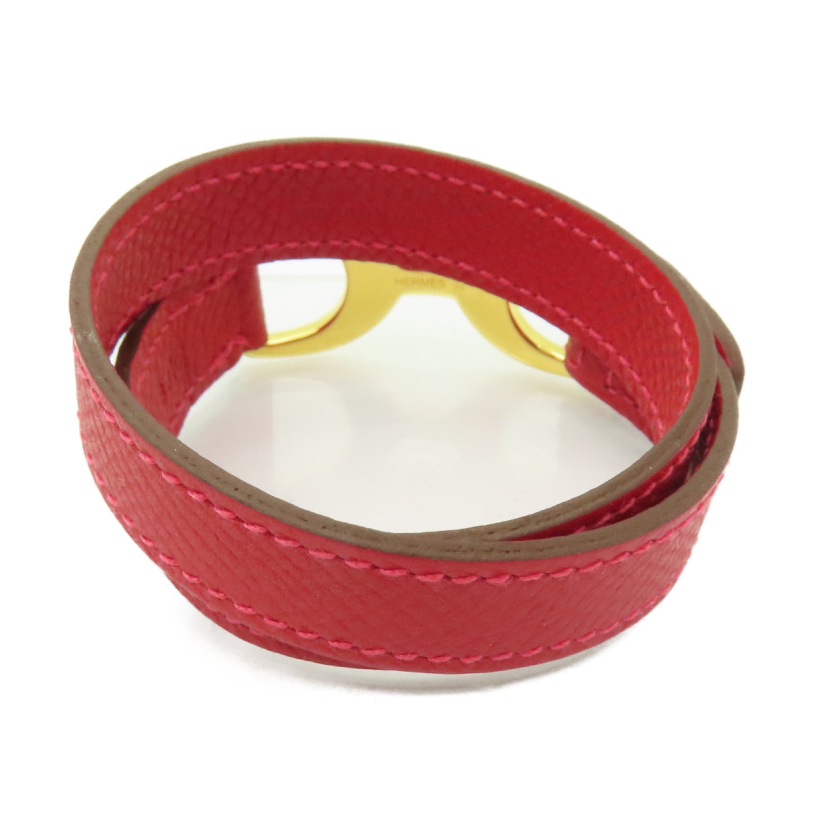 HERMES Epsom皮革Pvane Double Tour金扣手鐲紅色
