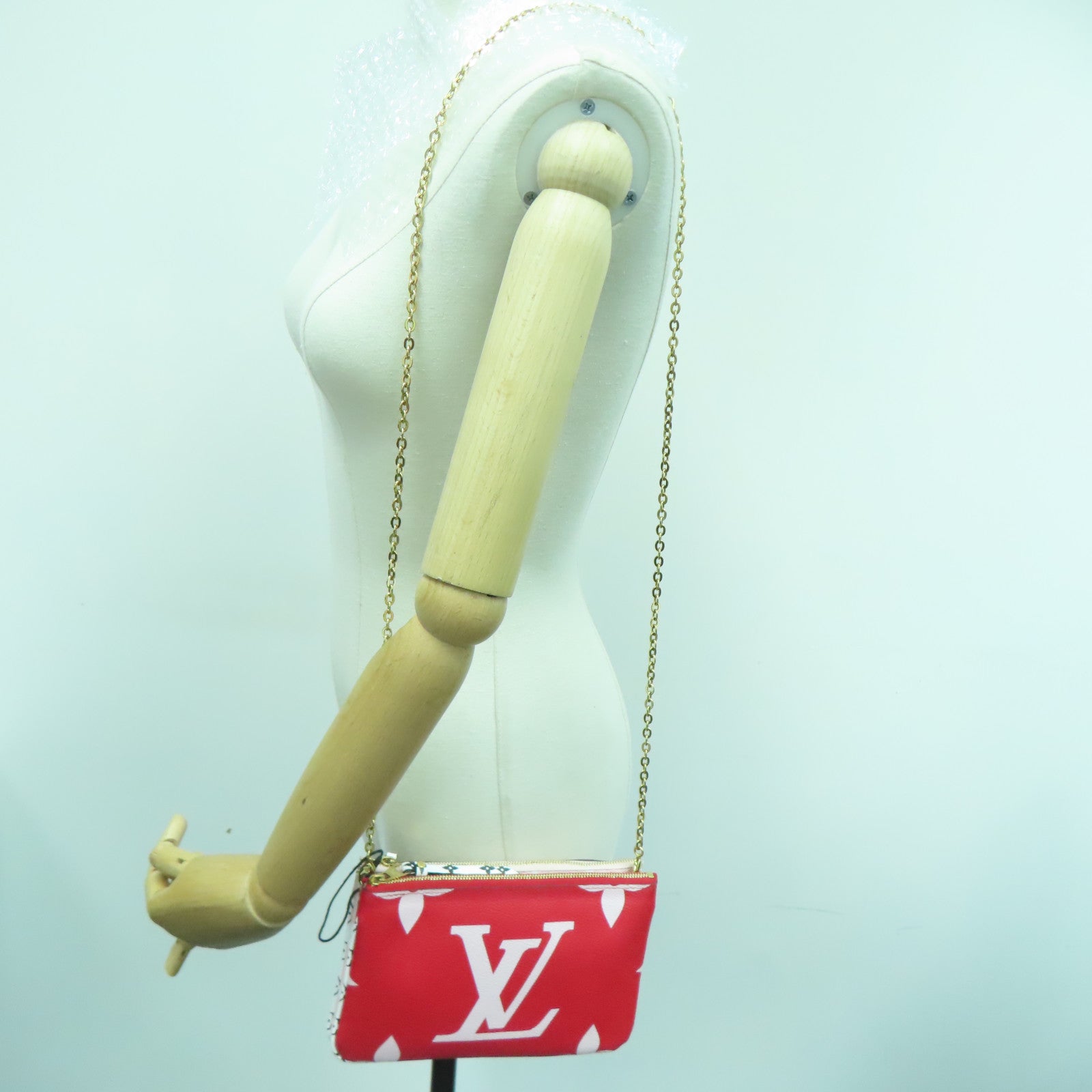 LOUIS VUITTON Monogram Giant Pochette Double Zip金扣鏈帶肩背袋紅色/粉紅色