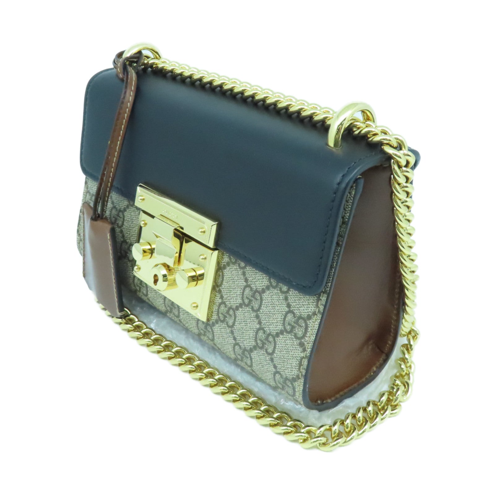 GUCCI 塗層皮革/牛皮皮革Padlock GG金扣鏈帶肩背袋黑色