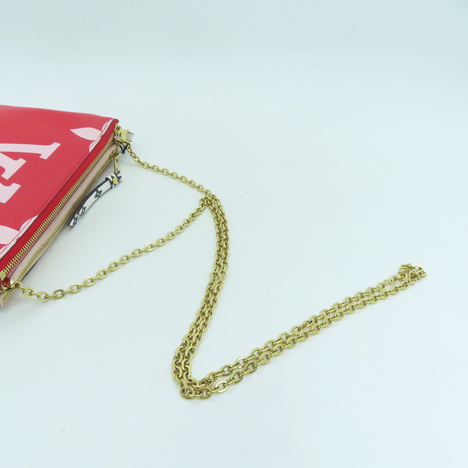 LOUIS VUITTON Monogram Giant Pochette Double Zip金扣鏈帶肩背袋紅色/粉紅色