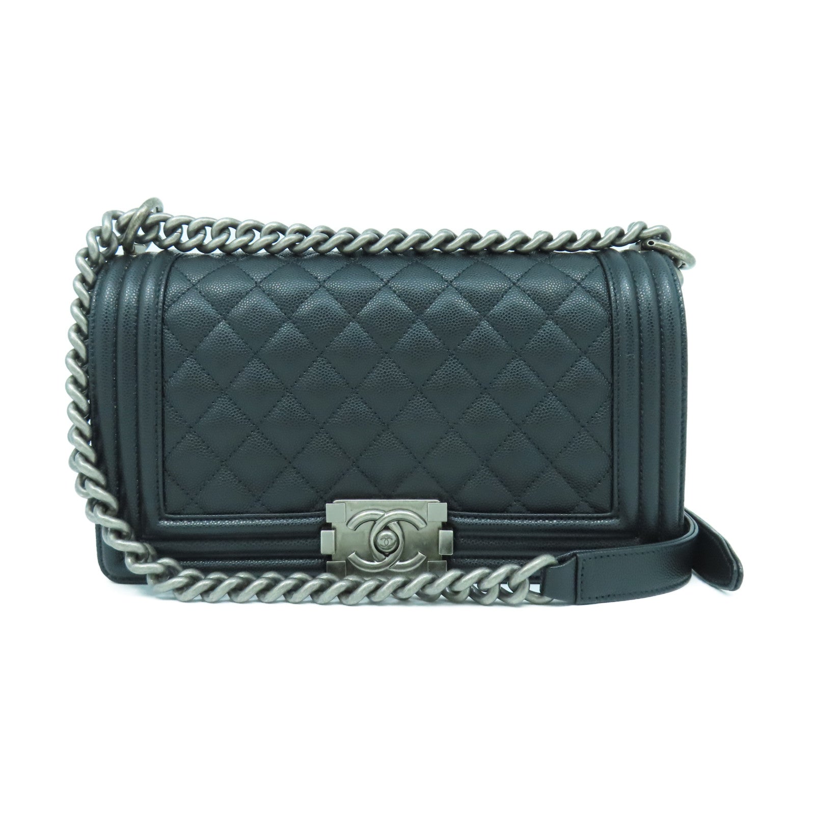 CHANEL 菱格Caviar皮革Chanel Boy 25cm銀扣鏈帶肩背袋黑色