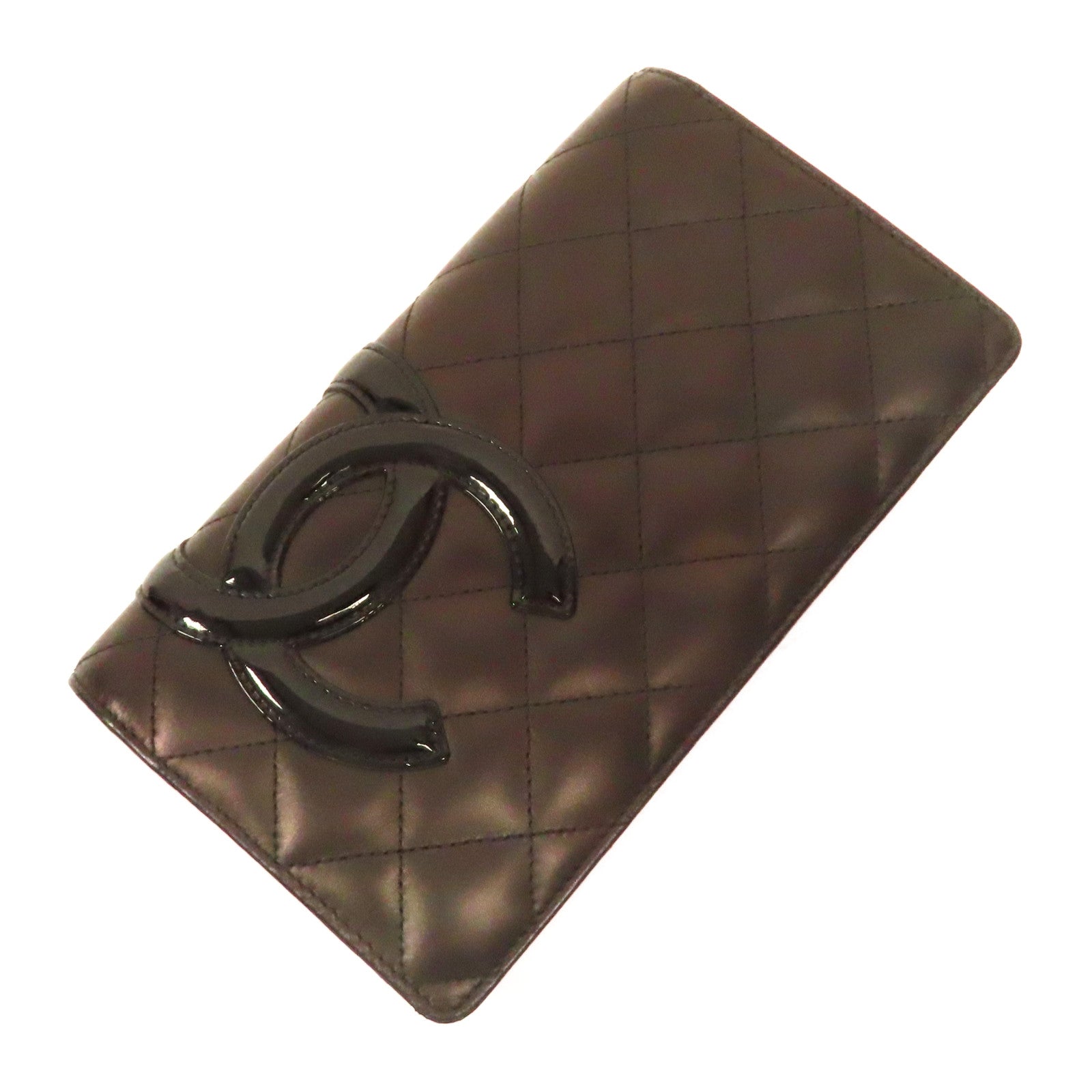 CHANEL 菱格牛皮皮革Fold Wallet銀扣長錢包黑色