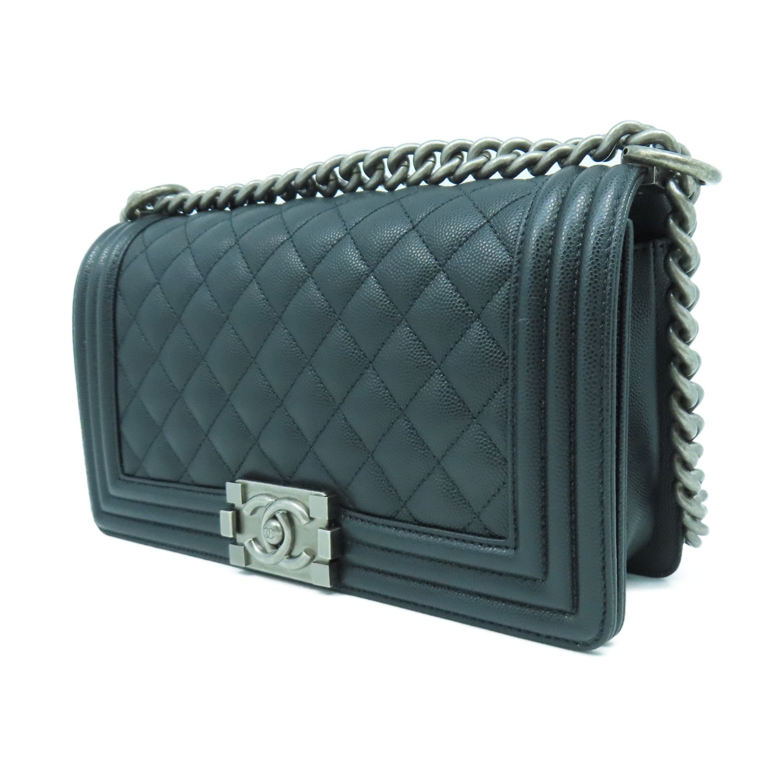 CHANEL 菱格Caviar皮革Chanel Boy 25cm銀扣鏈帶肩背袋黑色