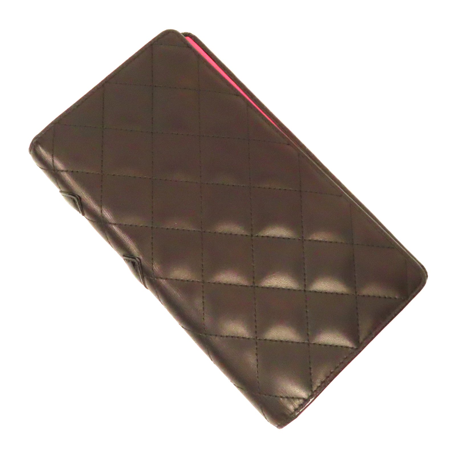 CHANEL 菱格牛皮皮革Fold Wallet銀扣長錢包黑色