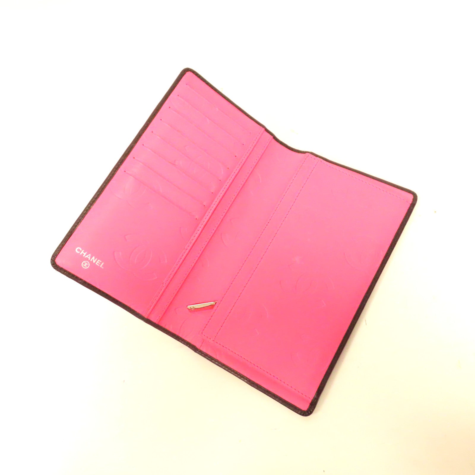 CHANEL 菱格牛皮皮革Fold Wallet銀扣長錢包黑色