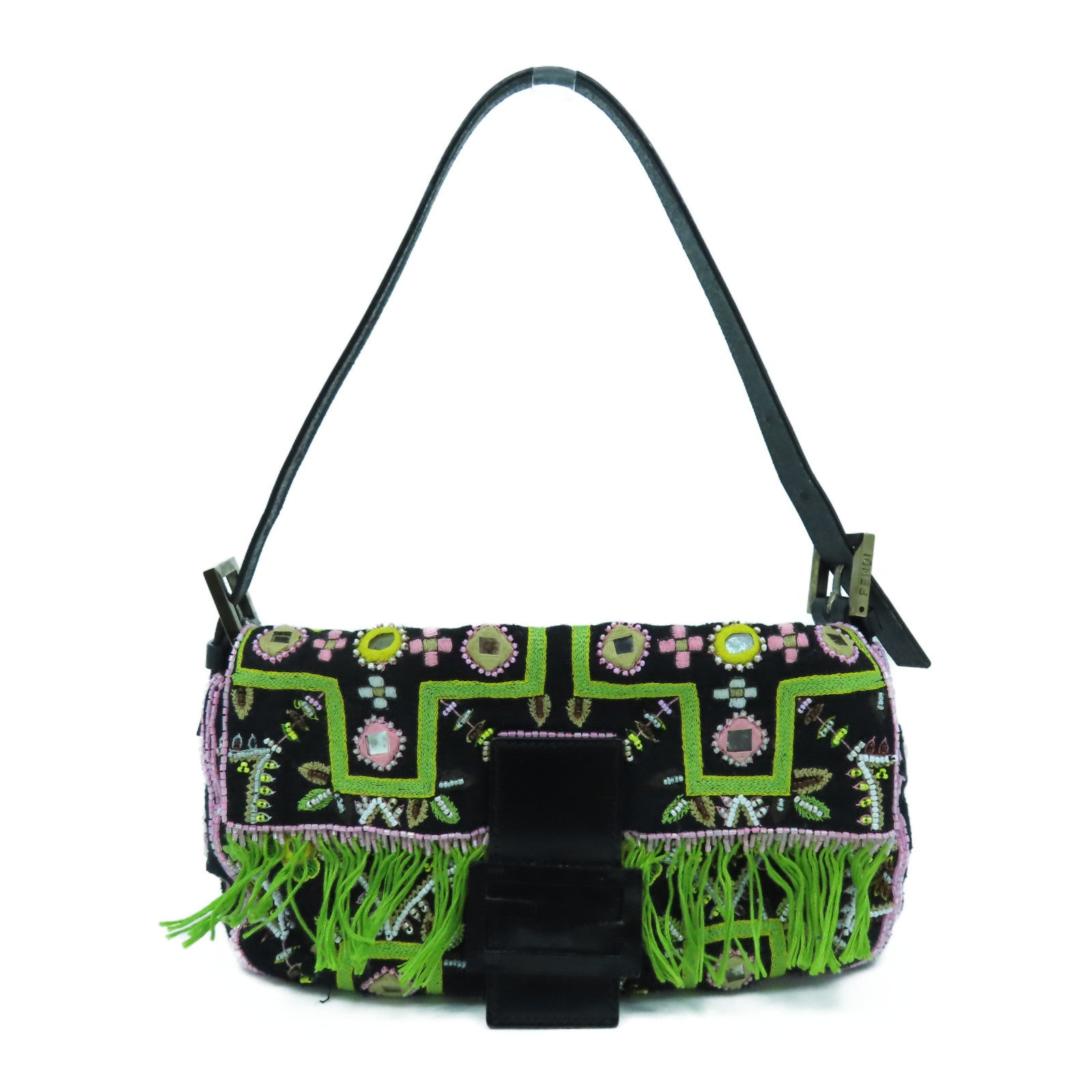 FENDI 帆布/珠子Shoulder Bag金扣/銀扣肩背袋黑色/綠色
