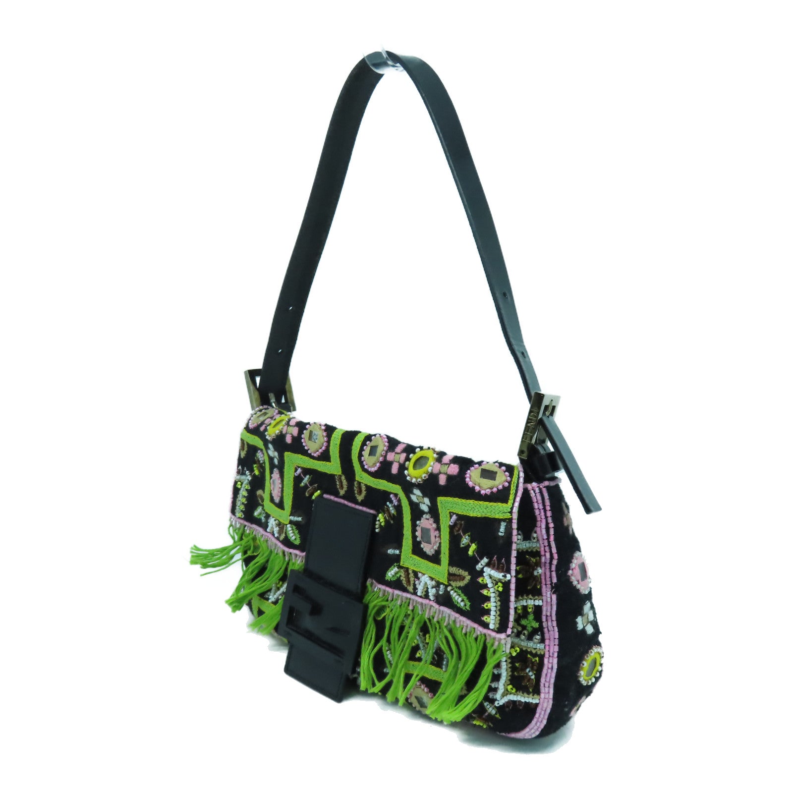 FENDI 帆布/珠子Shoulder Bag金扣/銀扣肩背袋黑色/綠色