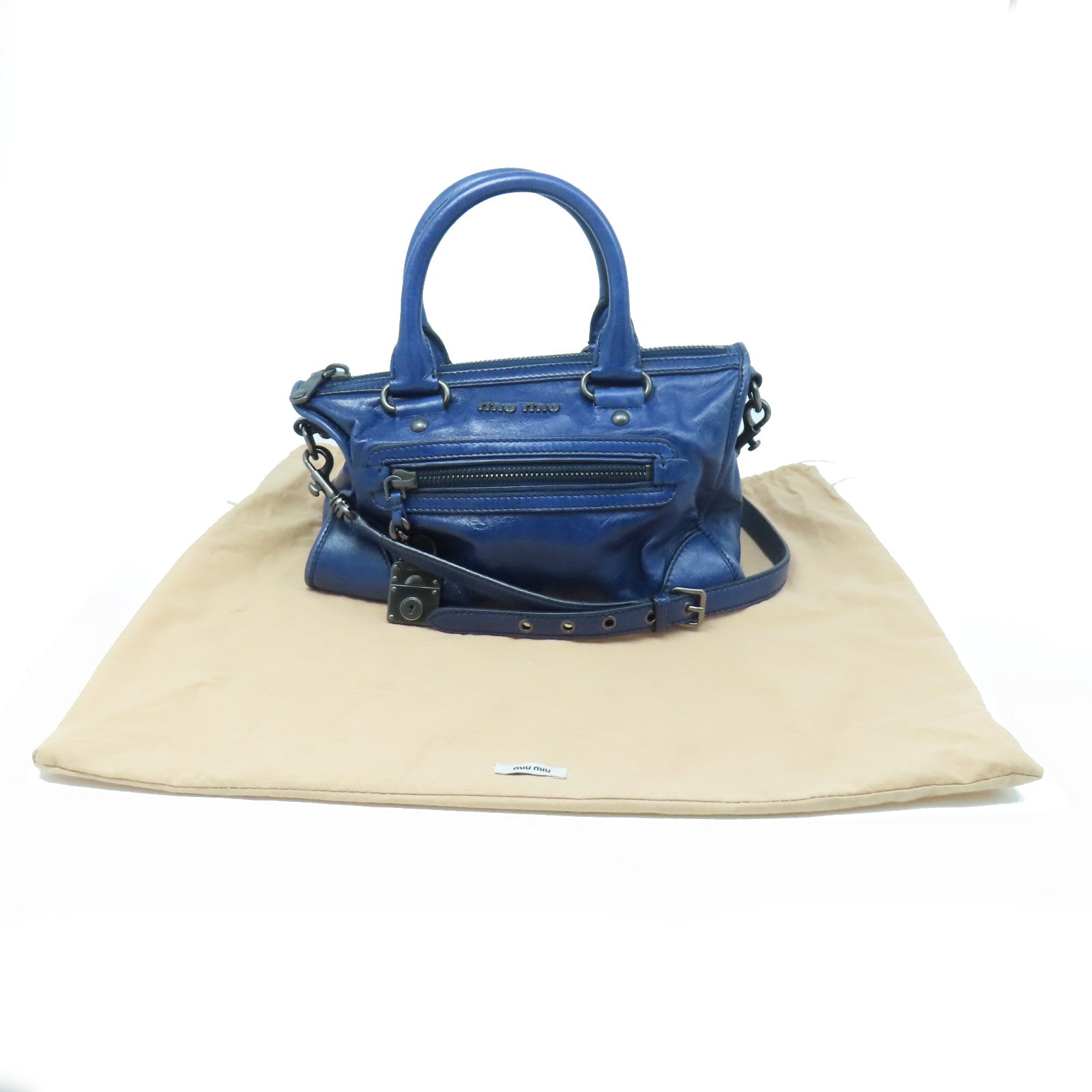 Miu Miu Cowhide Leather 2 Way Shoulder Handle Shoulder Bag Dark Blue