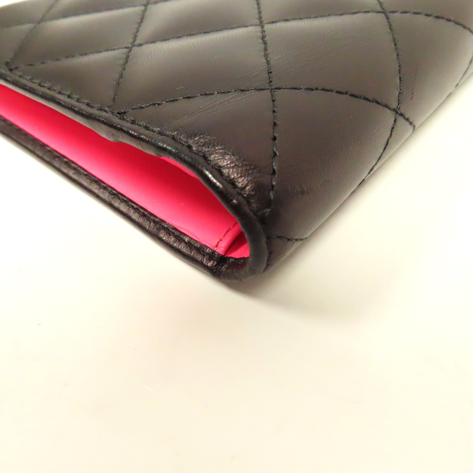 CHANEL 菱格牛皮皮革Fold Wallet銀扣長錢包黑色